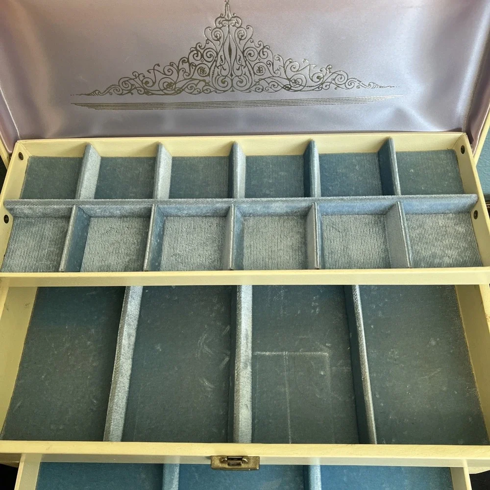 Vtg Large Lady Buxton Jewelry Box‎ Multi Drawers Mid Century Modern Blue Velvet